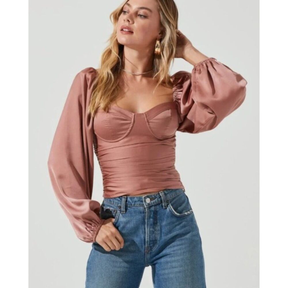 ASTR The Label Ruched Romantic Sleeves Blouse in Dark Blush Satin size S